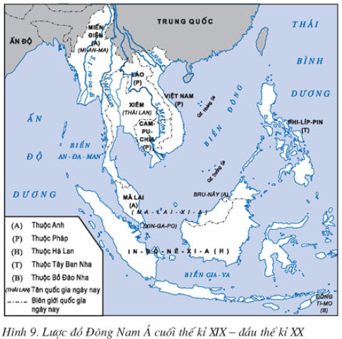 Dựa vào lược đồ (Hình 9), trình bày những nét chính về quá trình xâm lược  của các nước đế quốc ở Đông Nam Á | SGK Lịch sử lớp 11