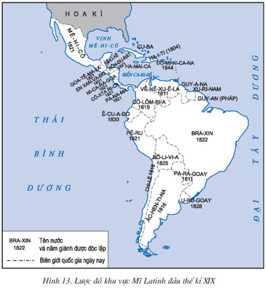 Dựa vào lược đồ (hình 13), hãy nêu kết quả của cuộc đấu tranh giành độc lập  ở khu vực Mĩ Latinh đầu thế kỉ XIX | SGK Lịch sử lớp 11