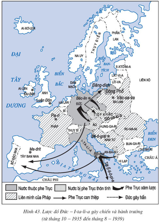 Sử dụng lược đồ (hình 43) để trình bày việc phát xít Đức mở đầu việc xâm  chiếm châu Âu như thế nào . | SGK Lịch sử lớp 11