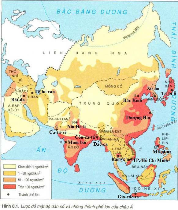 Địa lí 8 Bài 6: Thực hành Đọc, phân tích lược đồ phân bố dân cư và các thành phố lớn của châu Á
