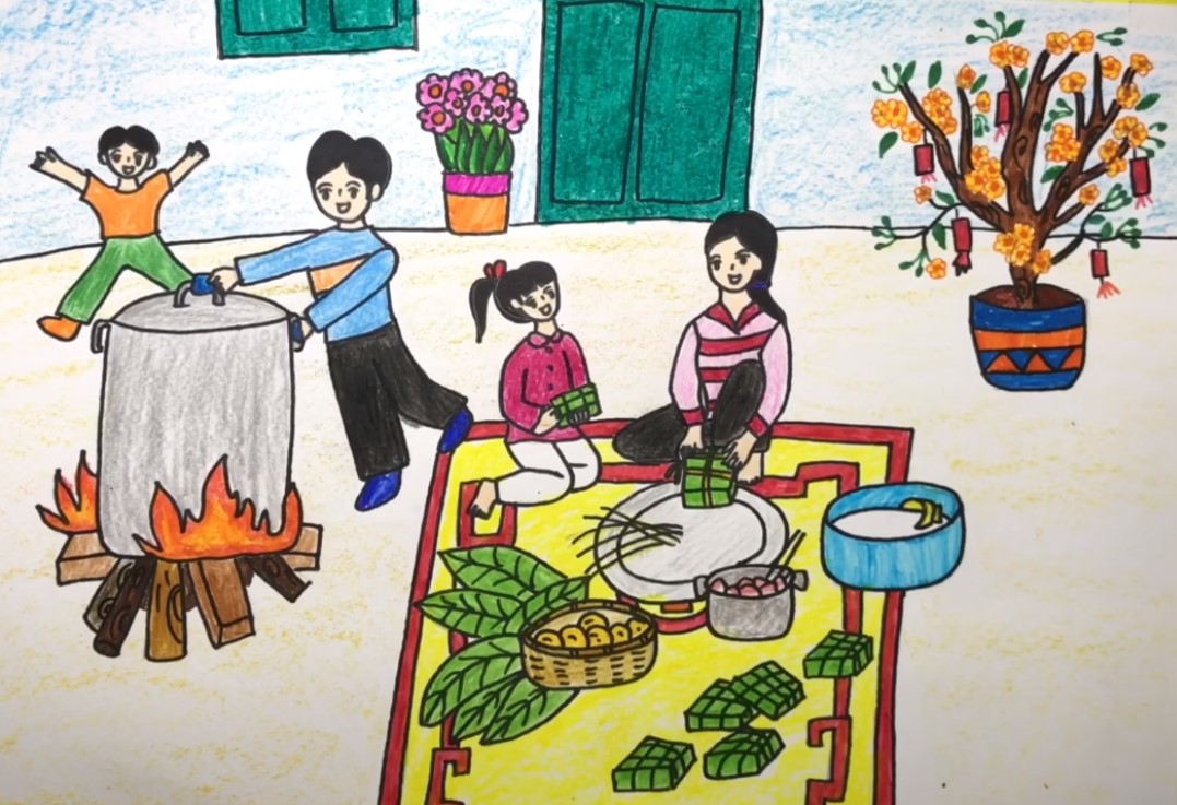 Vẽ tranh đề tài gia đình Chuẩn bị đón Tết 2021  Vẽ ngày tết và mùa xuân   How to draw family  YouTube