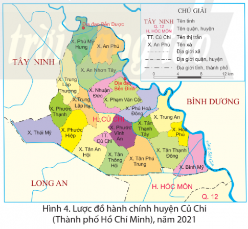 Quan sát hình 4, em hãy xác định vị trí của huyện Củ Chi và các xã có địa đạo.