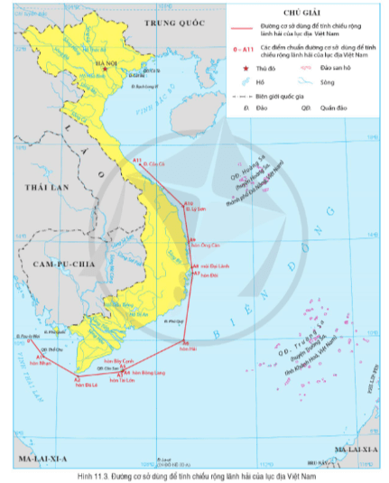 Dựa vào hình 11.3, hãy xác định vị trí các quần đảo Hoàng Sa, Trường Sa, Thổ Chu, Côn Sơn