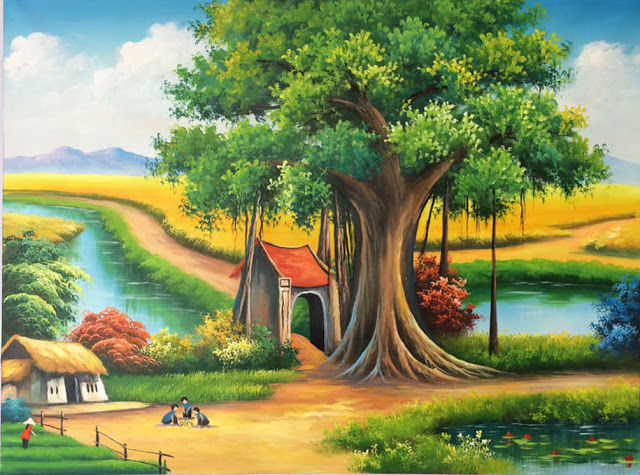 Tranh quê hương phong cảnh đồng quê chơi ô ăn quan tặng kèm khung tranh  trang trí | Lazada.vn
