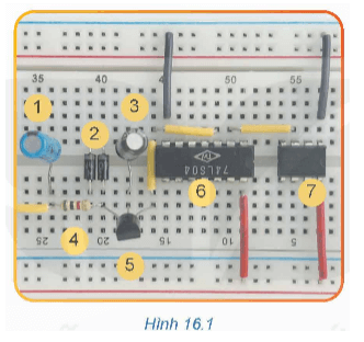 Trong mạch lắp ráp Hình 16.1 có các linh kiện: điện trở, tụ điện, diode, transistor và IC