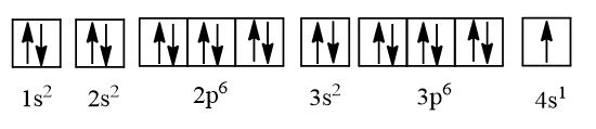 Nguyên tử của nguyên tố potassium có 19 electron. Ở trạng thái cơ bản, potassium có số  (ảnh 1)