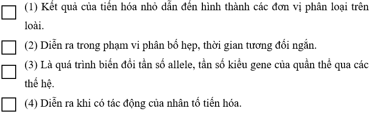 Những phát biểu nào dưới đây đúng khi nói về tiến hóa nhỏ trang 129 Sách bài tập KHTN 9