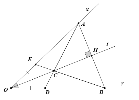 Cho góc xOy khác góc bẹt có Ot là tia phân giác. Qua điểm H thuộc tia Ot Chứng minh OA = OB (ảnh 1)