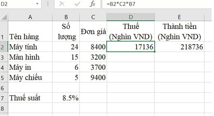 Trong trang tính được tạo ra từ Hoạt động 1 tại ô D2 lập công thức