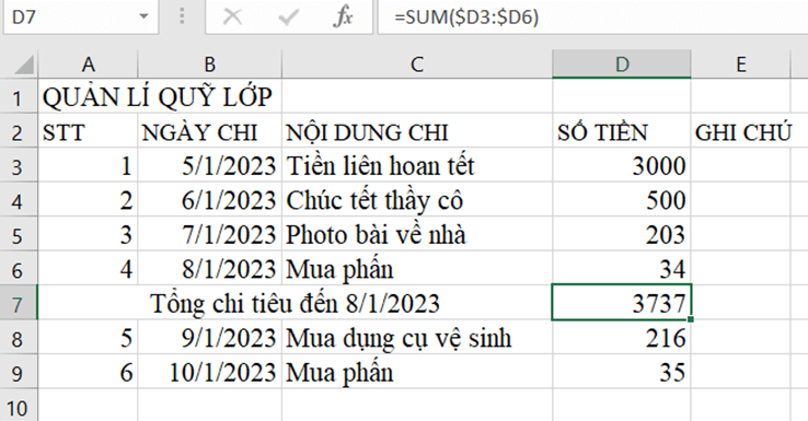 em hãy giúp bạn quản lí quỹ của lớp thiết kế một số chi tiêu sao cho có thể quản lí