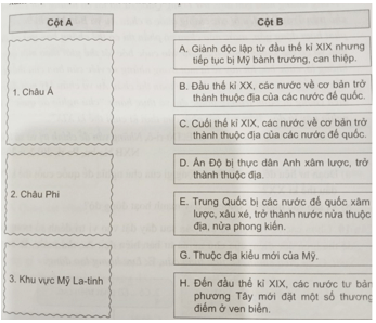 Ghép nội dung ở cột B với châu lục khu vực ở cột A để thể hiện quá trình xâm lược