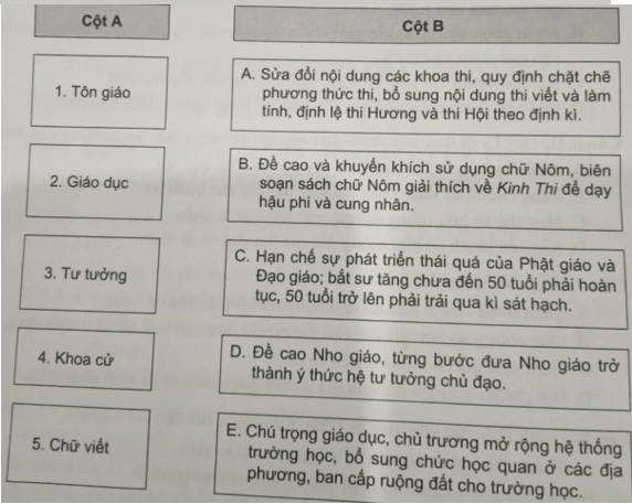 Ghép chính sách cải cách ở cột B với lĩnh vực cải cách ở cột A