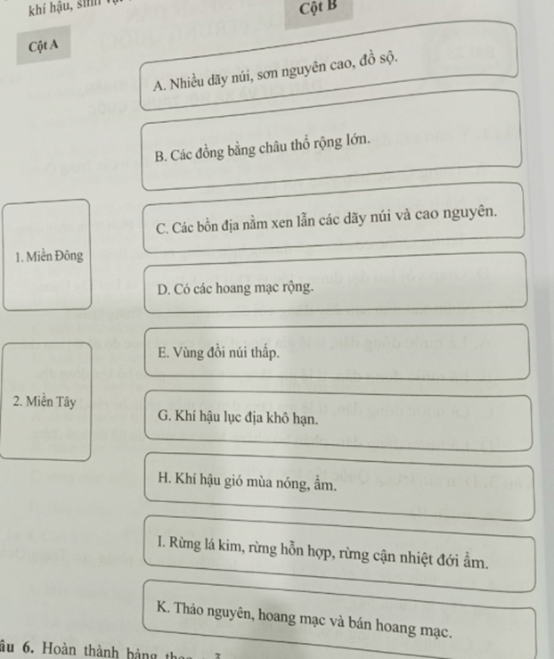 Ghép ý ở cột A với ý ở cột B sao cho đúng với đặc điểm địa hình