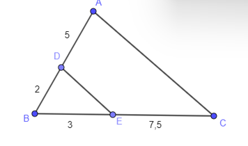 Cho hình vẽ. Chọn đáp án đúng trong các đáp án sau.    A. AD // EC; B. DE // AC; C. DE // BC; D. BE // AC. (ảnh 1)