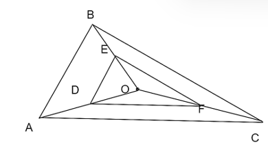 Cho tam giác ABC. Điểm O nằm trong tam giác. Lấy điểm D trên AO, từ D kẻ DE // AB (E ∈ OB) và DF // AC (F ∈ OC). Khẳng định nào sau đây là sai? (ảnh 1)