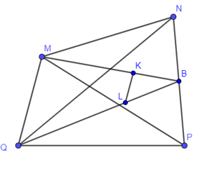 Cho tứ giác MNPQ, gọi K, L lần lượt là trọng tâm của tam giác MNP và NPQ. Khi đó KL song song với đường thẳng nào dưới đây? A. MP; B. NM; C. NQ; D. MQ. (ảnh 1)