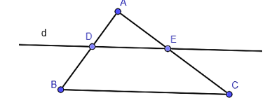 Cho tam giác ABC, đường thẳng d cắt AB, AC lần lượt tại D và E sao cho   AD/ AB= AE/AC . Khẳng định nào sau đây là sai? (ảnh 1)