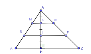 Cho tam giác ABC có đường cao AH. Trên AH lấy các điểm K, I sao cho AK = KI = IH. Qua I, K lần lượt vẽ các đường thẳng EF // BC, MN // BC (E, M ∈ AB; F, N ∈ AC). (ảnh 1)