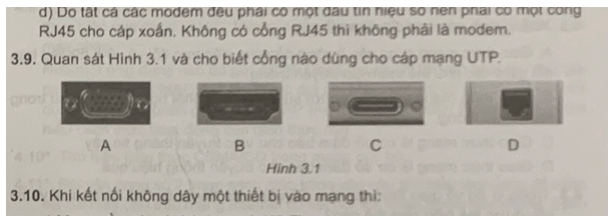 Quan sát Hình 3.1 và cho biết cổng nào dùng cho cáp mạng UTP trang 13 SBT Tin học 12