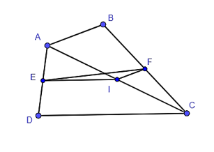 Cho tứ giác ABCD có AB = 2a, CD = 2b. Gọi E, F lần lượt là trung điểm của AD, BC. Khẳng định nào sau đây là đúng? A. EF ≥ a – b; B. EF ≤ a – b; C. EF ≥ a + b; D. EF ≤ a + b. (ảnh 1)