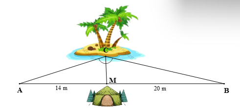 Hai ngư dân A, B đứng ở hai bên bờ sông cách một cái lều M lần lượt là 14 m; 20 m và cùng nhìn thấy một cù lao C trên sông (được mô tả như hình vẽ) sao cho (ảnh 1)