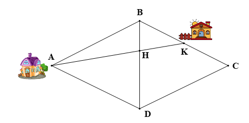 Nhà bạn Hoa ở vị trí K, nhà bạn Phương ở vị trí A (như hình bên dưới), biết rằng tứ giác ABCD là hình thoi và K là trung điểm của BC. Hai bạn đi xe đạp với cùng một vận tốc trên con đường AK để đi đến điểm H. Bạn Hoa xuất phát lúc 8 giờ. Hỏi bạn Phương phải xuất phát lúc mấy giờ để gặp bạn Hoa lúc 8 giờ 15 phút tại điểm H?    A. 7 giờ 45 phút; B. 7 giờ 30 phút; C. 7 giờ 20 phút; D. 7 giờ. (ảnh 1)