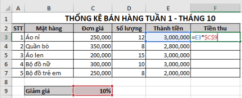 Khi sao chép công thức tính Tiền thu tại ô F3 là =E3*C9 Hình 2 sang ô