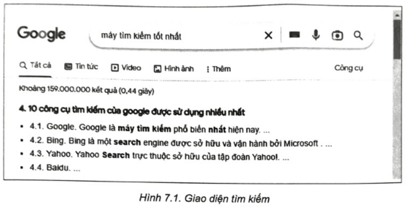 Quan sát Hình 7.1 và cho biết: Từ khoá tìm kiếm là gì