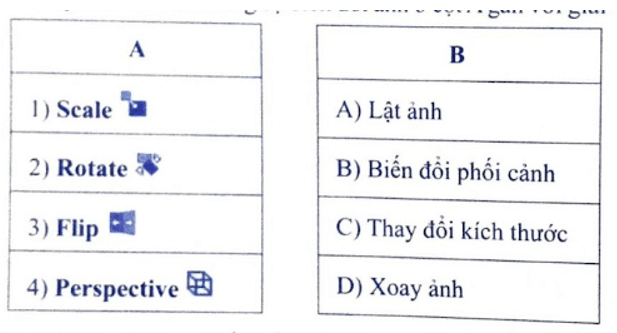 Hãy cho biết mỗi công cụ biến đổi ảnh ở cột A gắn với giải thích