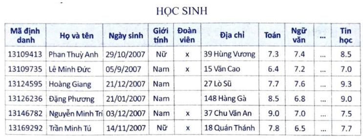 Giả sử một CSDL quan hệ có bảng HỌC SINH với cấu trúc giống